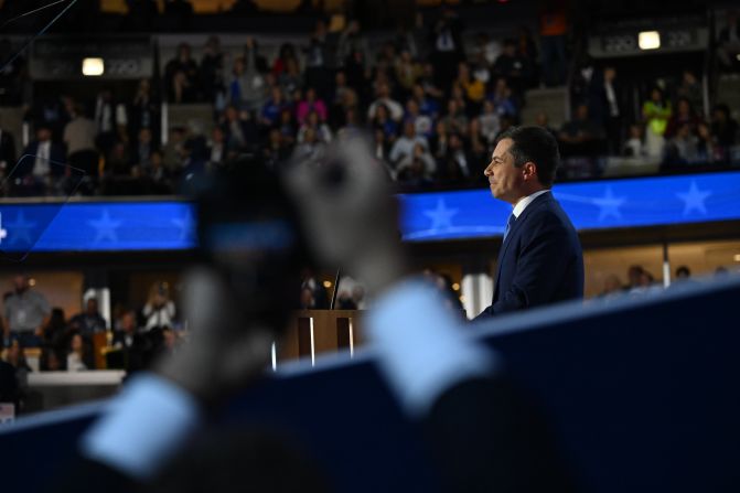 Transportation Secretary Pete Buttigieg gives a speech at the convention on Wednesday. <a >He slammed Republican vice presidential nominee JD Vance</a>: “Choosing a guy like JD Vance to be America’s next vice president sends a message, and the message is that they are doubling down on negativity and grievance, committing to a concept of campaigning best summed up in one word: darkness.”