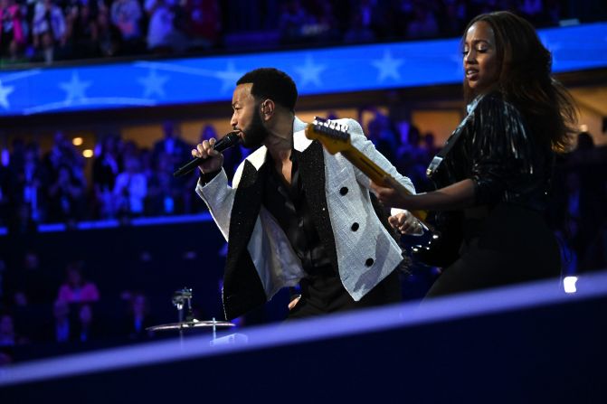 John Legend <a >performs a tribute to Prince</a> before Walz delivered his keynote address on Wednesday. Prince was a Minnesota native known for epitomizing “The Minneapolis Sound” at his home and studio, Paisley Park. Both Harris and Walz, Minnesota's governor, discussed their love of Prince’s music in a recent campaign video.