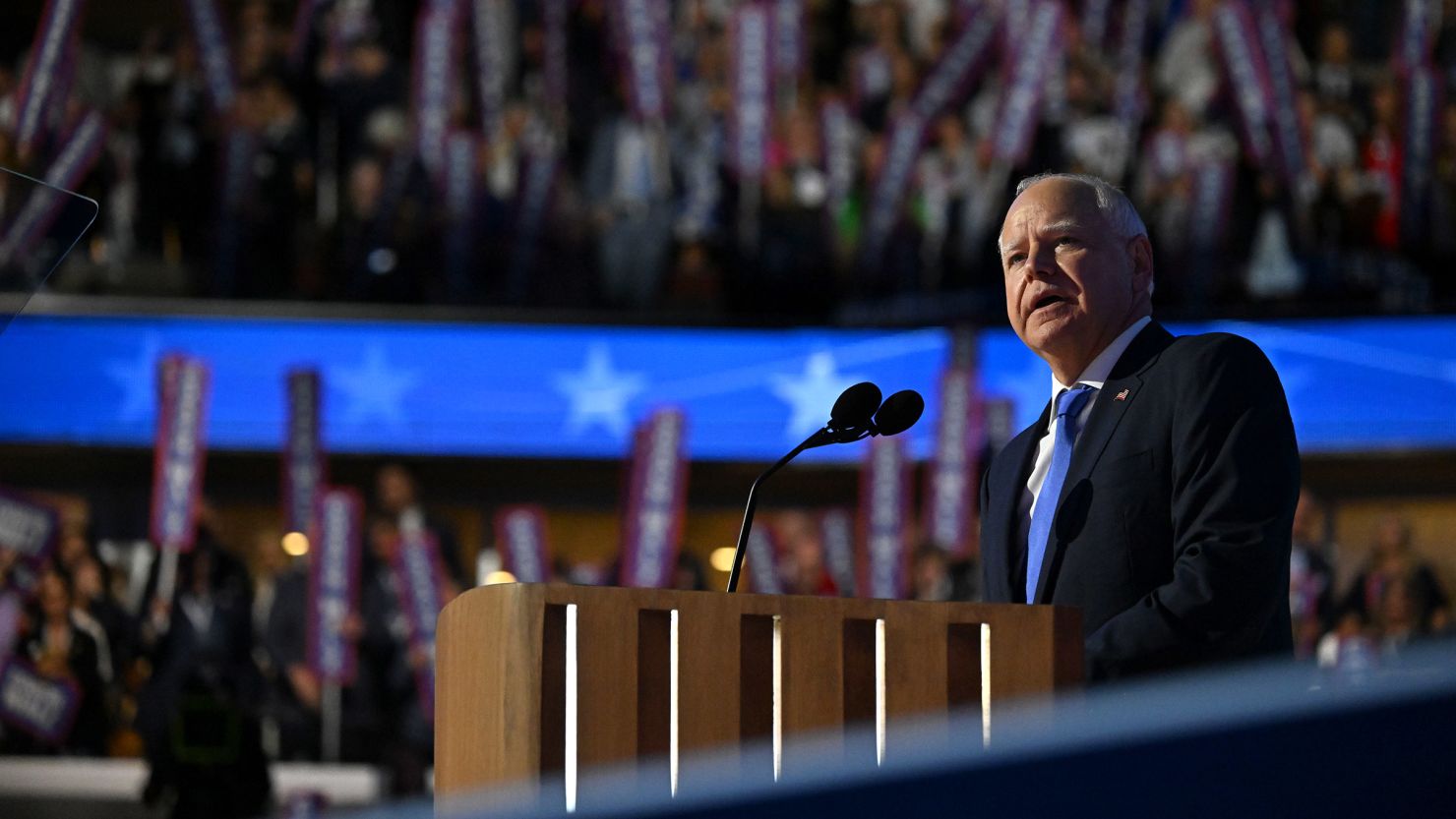 Democratic vice presidential nominee Minnesota Gov. Tim Walz speaks at the United Center during the Democratic National Convention in Chicago, Illinois, on August 21, 2024.