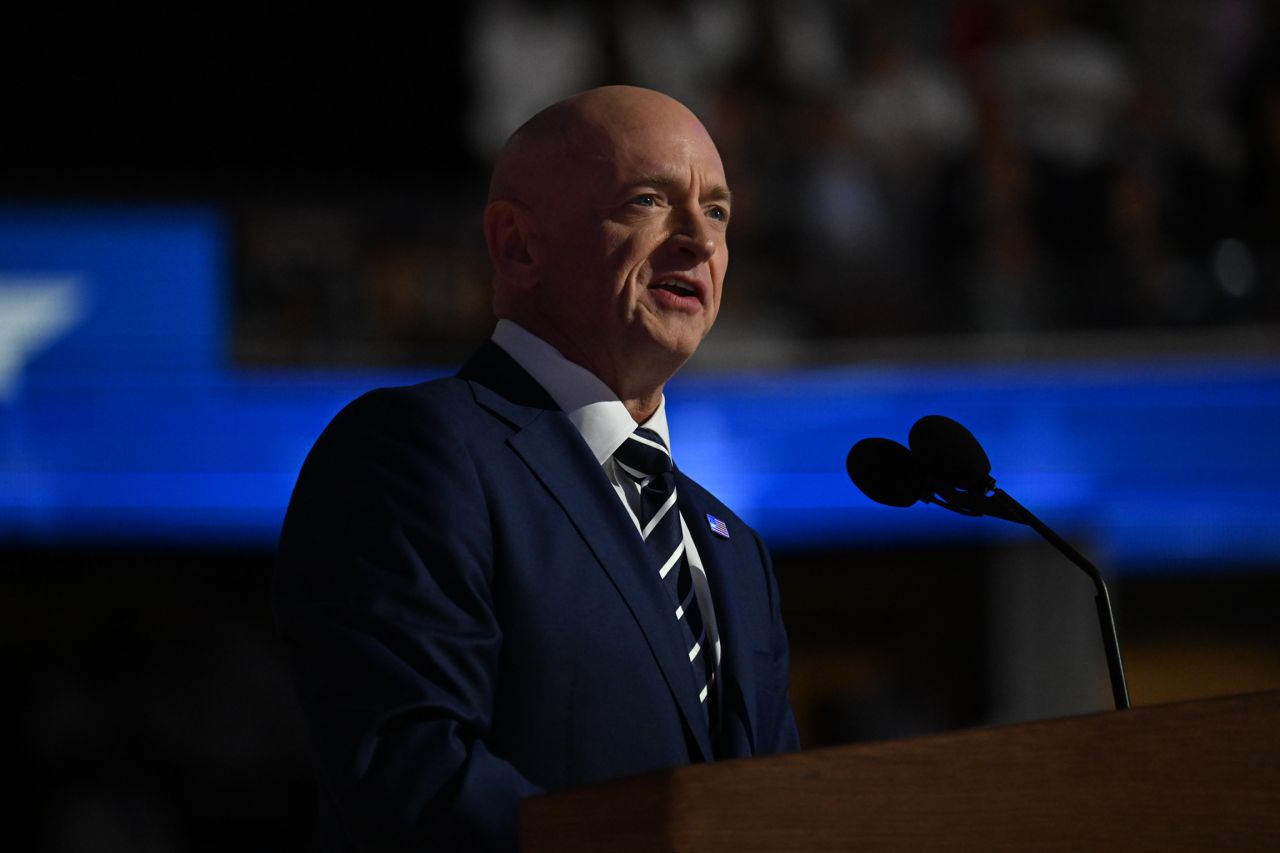 Sen. Mark Kelly speaks at the 2024 Democratic National Convention in Chicago.