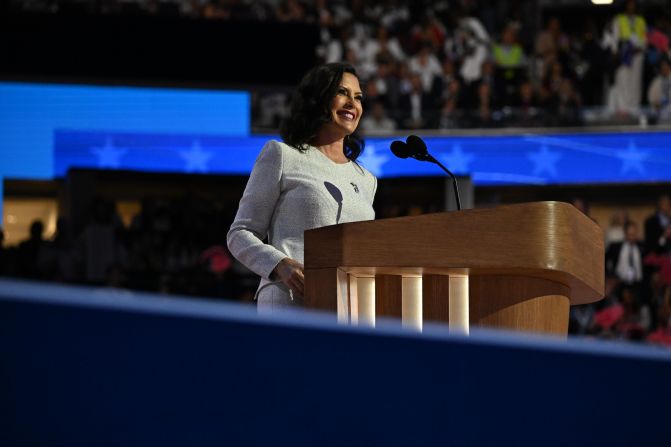 Michigan Gov. Gretchen Whitmer <a >speaks at the convention</a> on Thursday. She said that Harris “gets us” while making the case to America’s women to elect her as president.