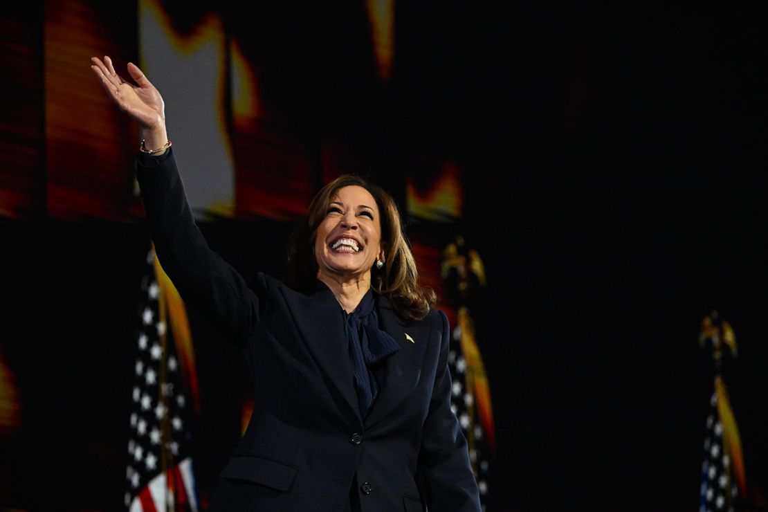 Vice President Kamala Harris gestures during the Democratic National Convention at the United Center in Chicago on August 22, 2024.