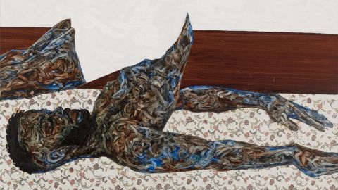 Shoulder Stand, 2023
Oil and paper transfer on canvas
63 x 71 7/8 inches (160 x 182.4 cm)