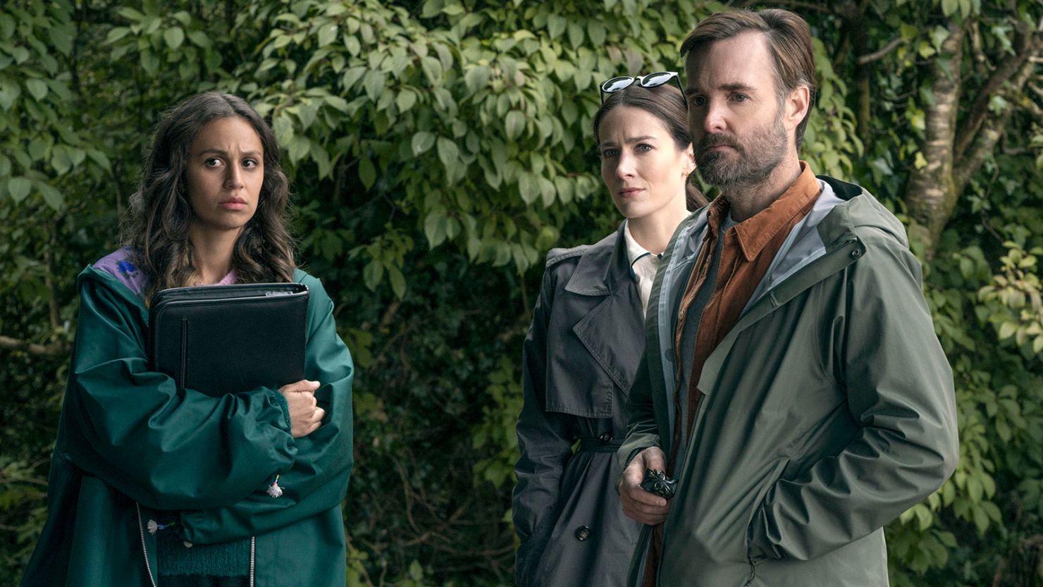 (from left) Robyn Cara, Siobhán Cullen and Will Forte play podcasters investigating a cold case in "Bodkin."