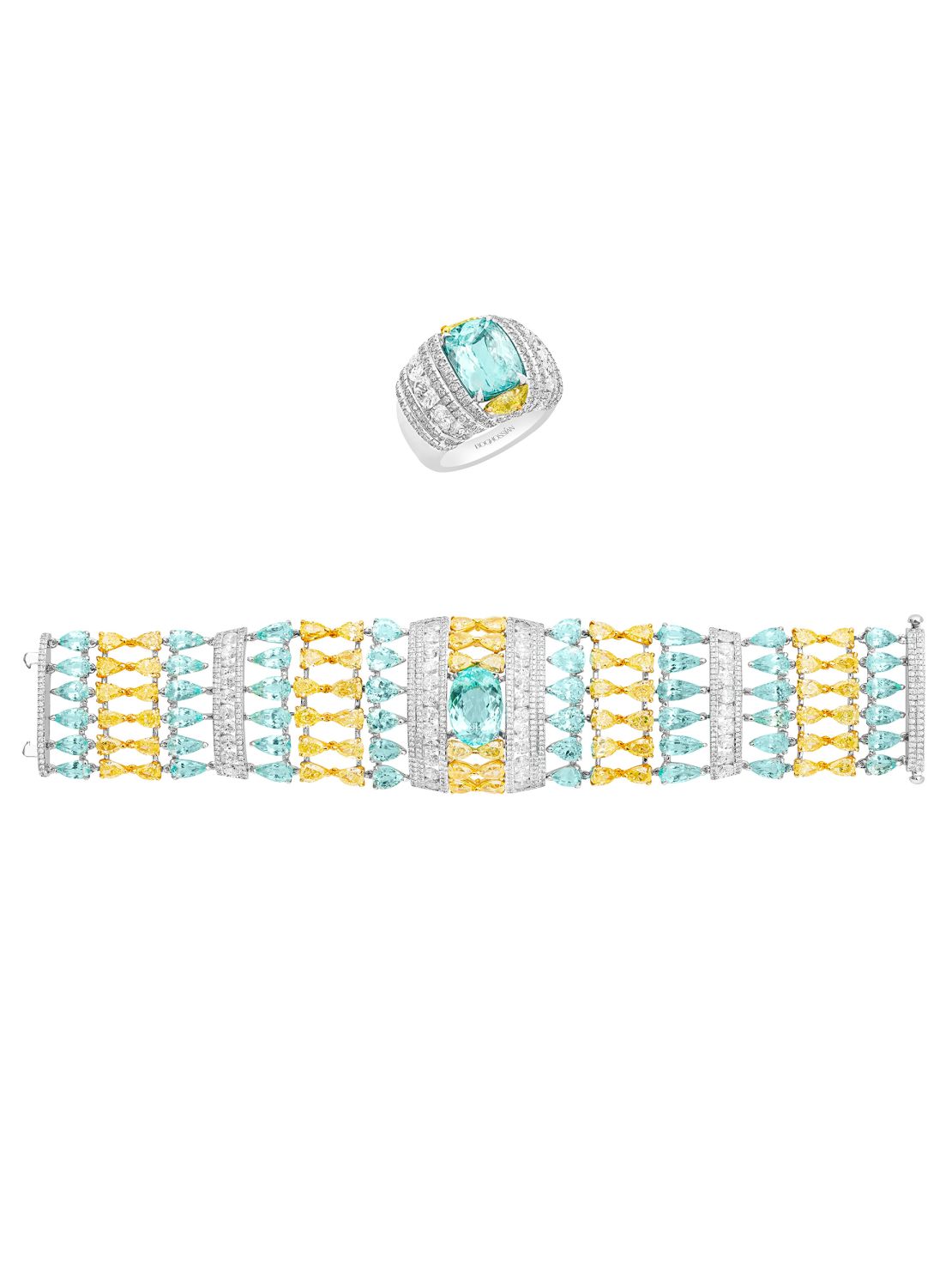 Boghossian's paraiba and diamond set features paraibas and fancy yellow diamonds. The central piece of the bracelet is composed of one oval-shaped paraiba and the ring of one cushion-shaped paraiba.