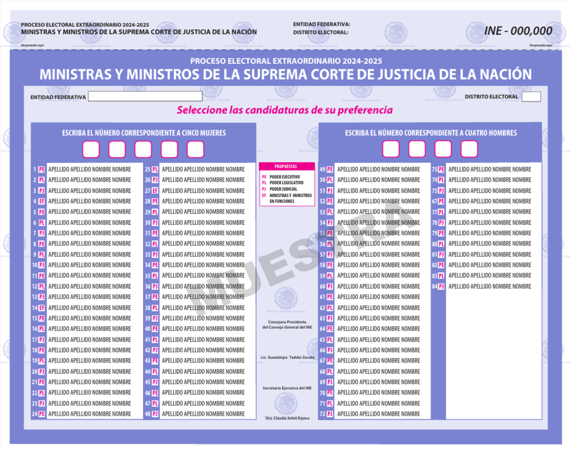Boleta muestra de la elección de ministras y ministros de la SCJN.