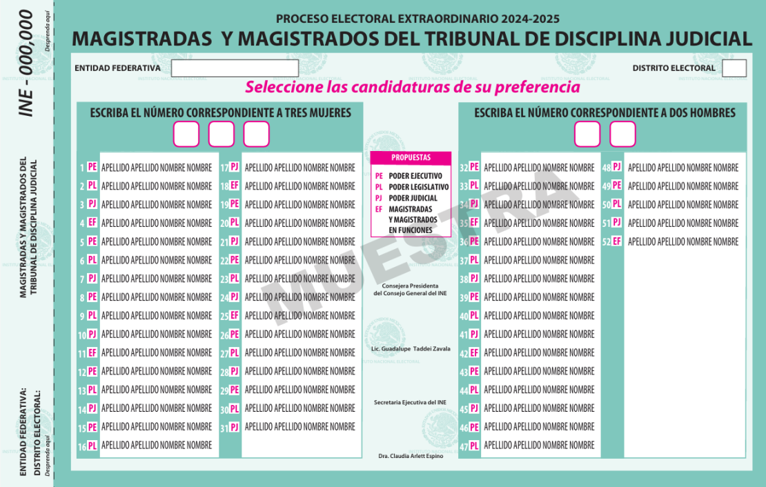 Boleta muestra para la elección de magistraturas del Tribunal de Disciplina Judicial.