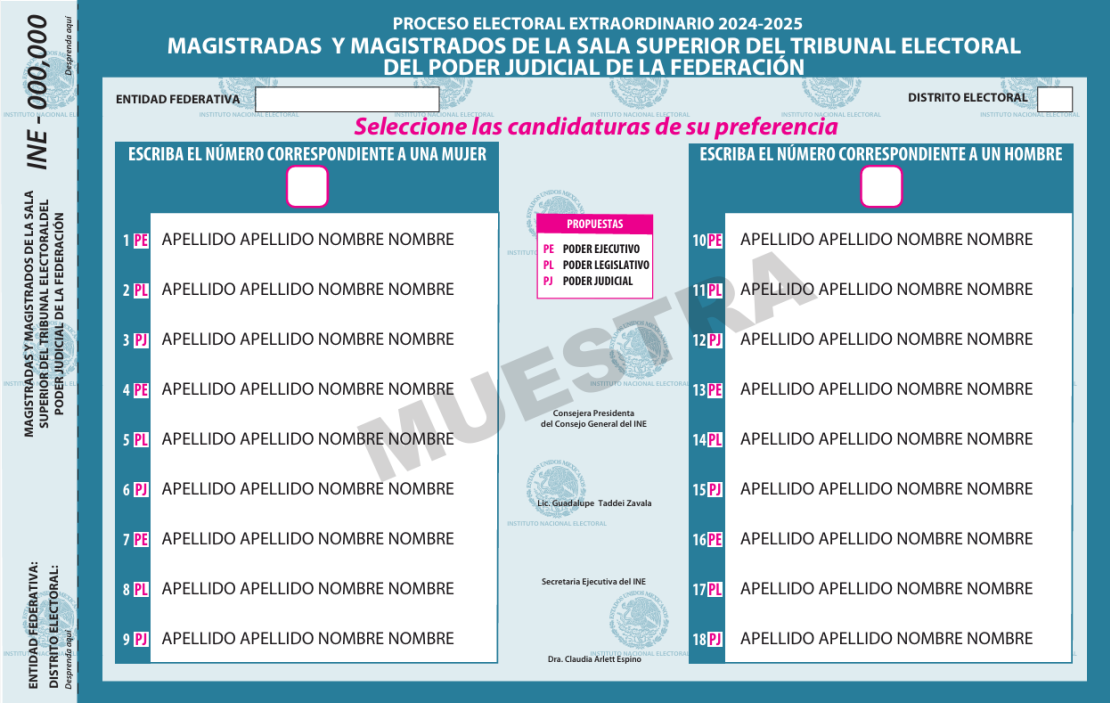 Boleta muestra para la elección de magistraturas de la Sala Superior del TEPJF.