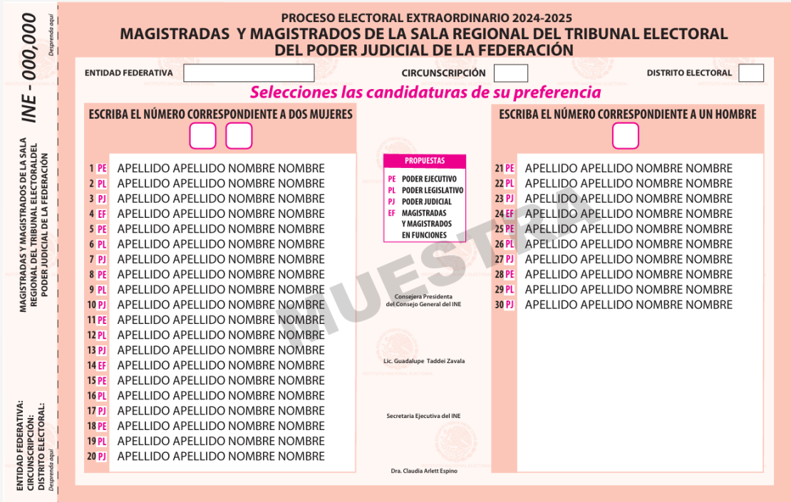 Boleta muestra para la elección de magistraturas de las Salas Regionales del TEPJF.