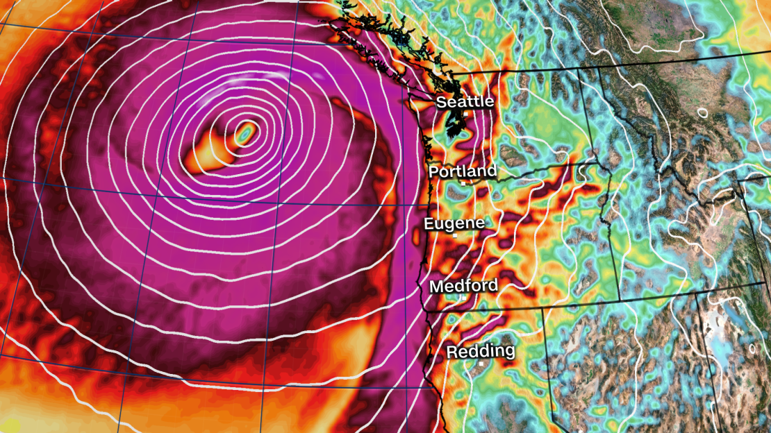 Powerful winds will slam parts of the West Coast Tuesday night. Reds and purples represent the strongest winds from the storm. Yellows and oranges are still quite gusty.