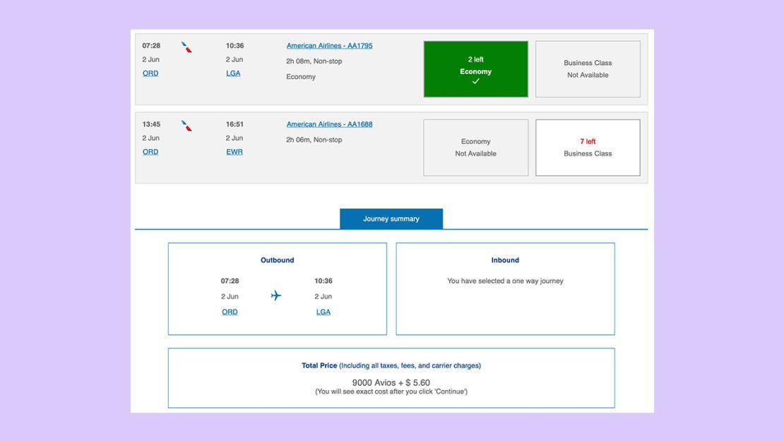 Booking an American Airlines flight from Chicago to New York with British Airways Executive Club.