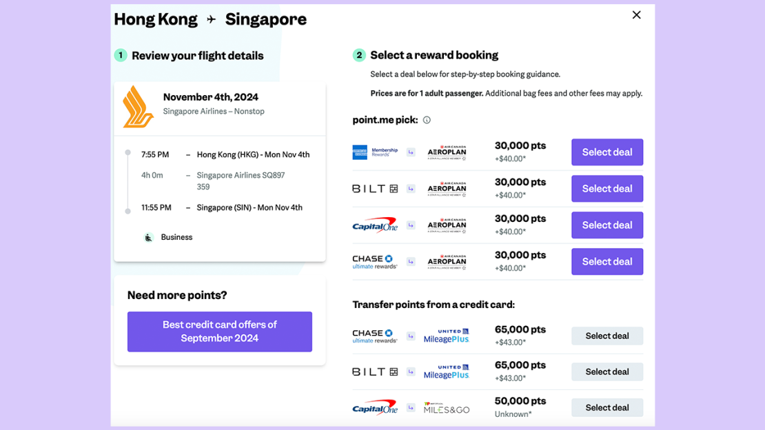 Booking HKG to SIN with point.me