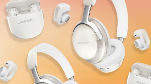 The diamond-colored Bose QuietComfort Ultra Headphones and Earbuds and Ultra Open Earbuds, on a peach-colored gradient background.