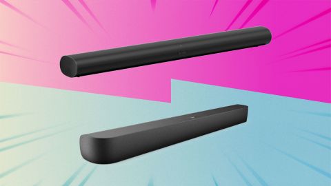 The Sonos Arc soundbar in a pink background above the Roku Streambar Pro on a light blue background