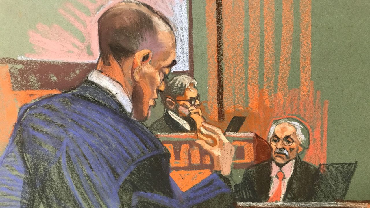 Donald Trump's attorney Emil Bove begins cross-examination of David Pecker, the prosecution's first witness in the trial, on Thursday, April 25, 2024, as Judge Juan Merchan looks on. Trump faces 34 felony counts of falsifying business records as part of an alleged scheme to silence claims of extramarital sexual encounters during his 2016 presidential campaign.