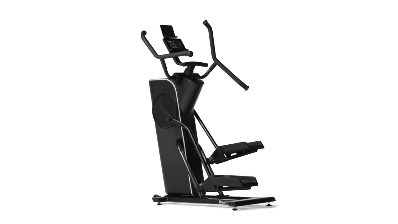 A black elliptical machine on a white background.