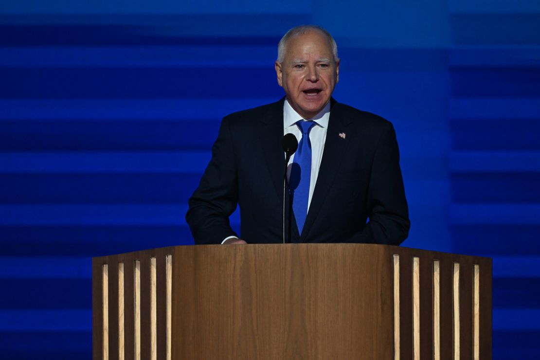 Democratic vice presidential nominee Tim Walz speaks at the United Center during the Democratic National Convention in Chicago, Illinois, on August 21, 2024.