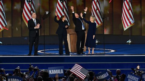 Second Gentleman Doug Emhoff, Vice President Kamala Harris, Gov. Tim Walz, and Gwen Walz on stage on the final night of the DNC on Thursday, August 22, in Chicago.