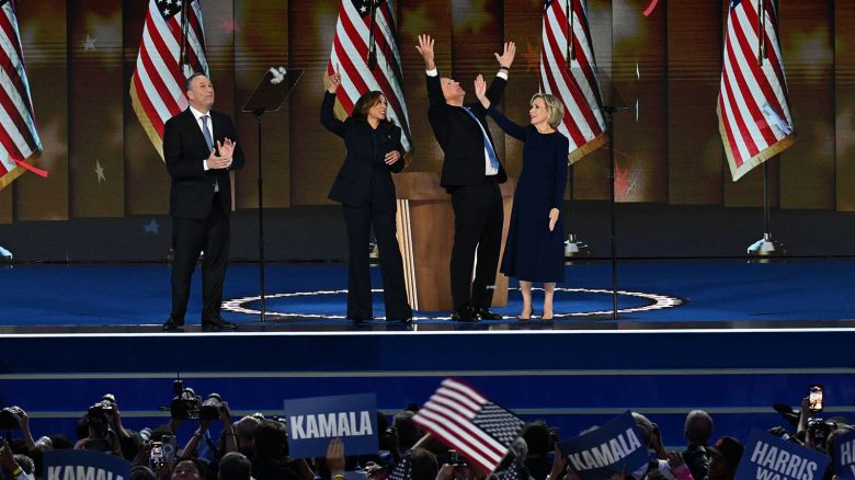 Second Gentleman Doug Emhoff, Vice President Kamala Harris, Gov. Tim Walz, and Gwen Walz on stage on the final night of the DNC on Thursday, August 22, in Chicago.