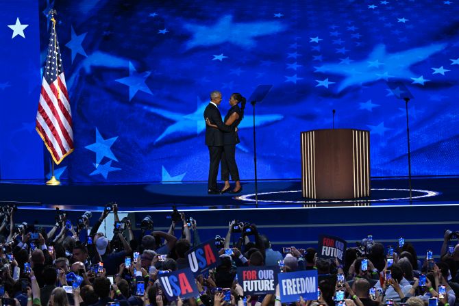 Obama embraces his wife, Michelle, as she introduced him for his speech on Tuesday.