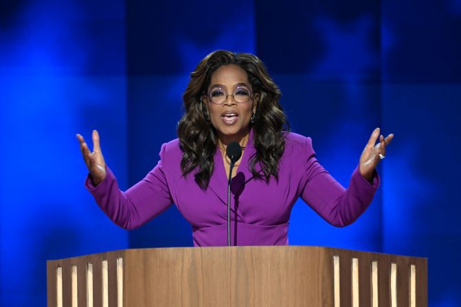 Media mogul Oprah Winfrey speaks at the convention on Wednesday. <a href=