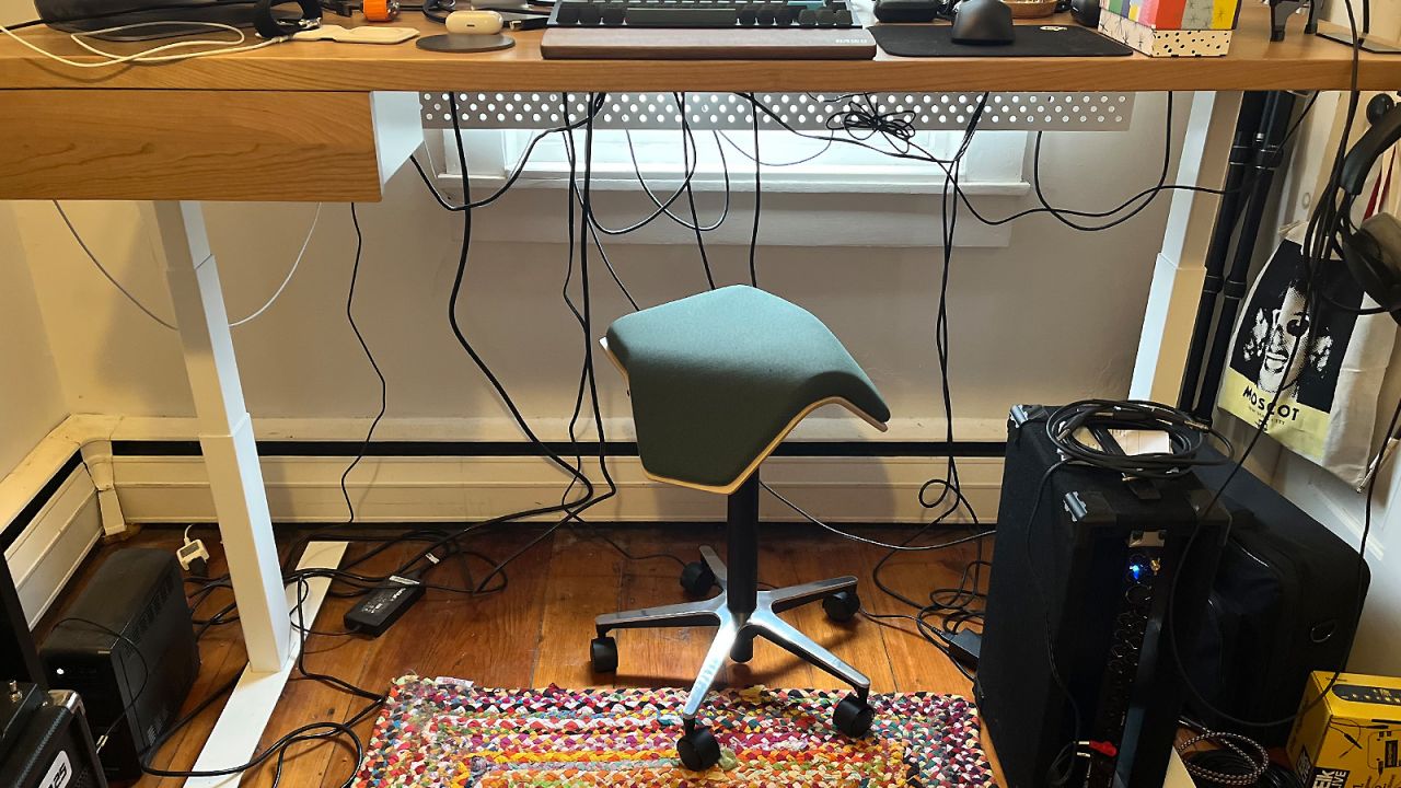 The Branch Saddle Chair is compact enough to tuck away under your standing desk so it doesn't get in your way (even if you're a product reviewer with a cluttered office).