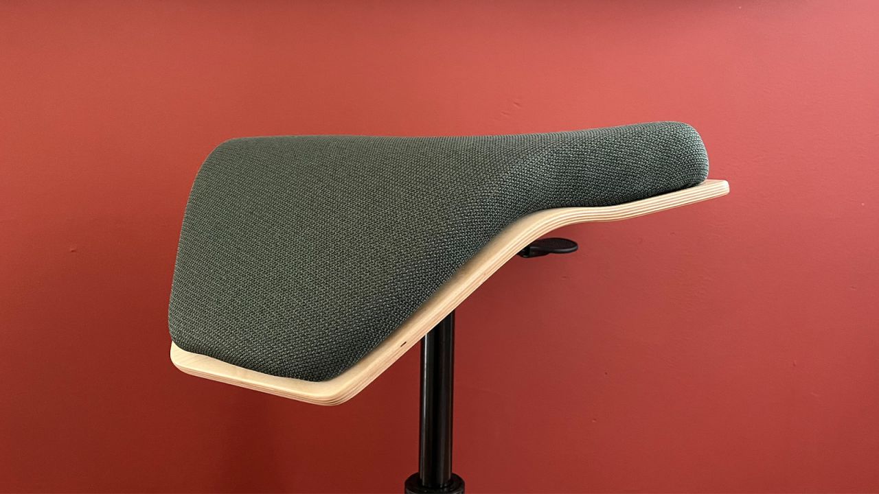 Seen from the side, the Saddle Chair's unique design is more obvious. The saddle-like wings open up your hips and support your thighs, putting your back in a better-aligned position than a flat stool, which can encourage you to slouch.