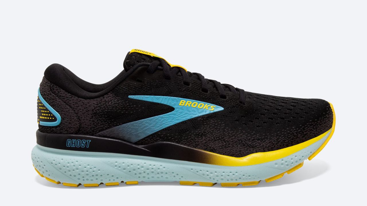 Brooks ghost 16 running shoes in black, forged iron and blue