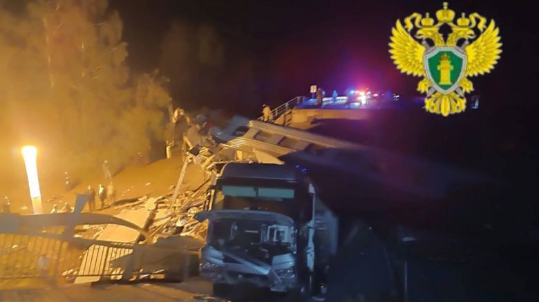 This photo provided by the Moscow Interregional Transport Prosecutor's Office shows the aftermath of a bridge collapse in Russia's Bryansk region on May 31, 2025.
