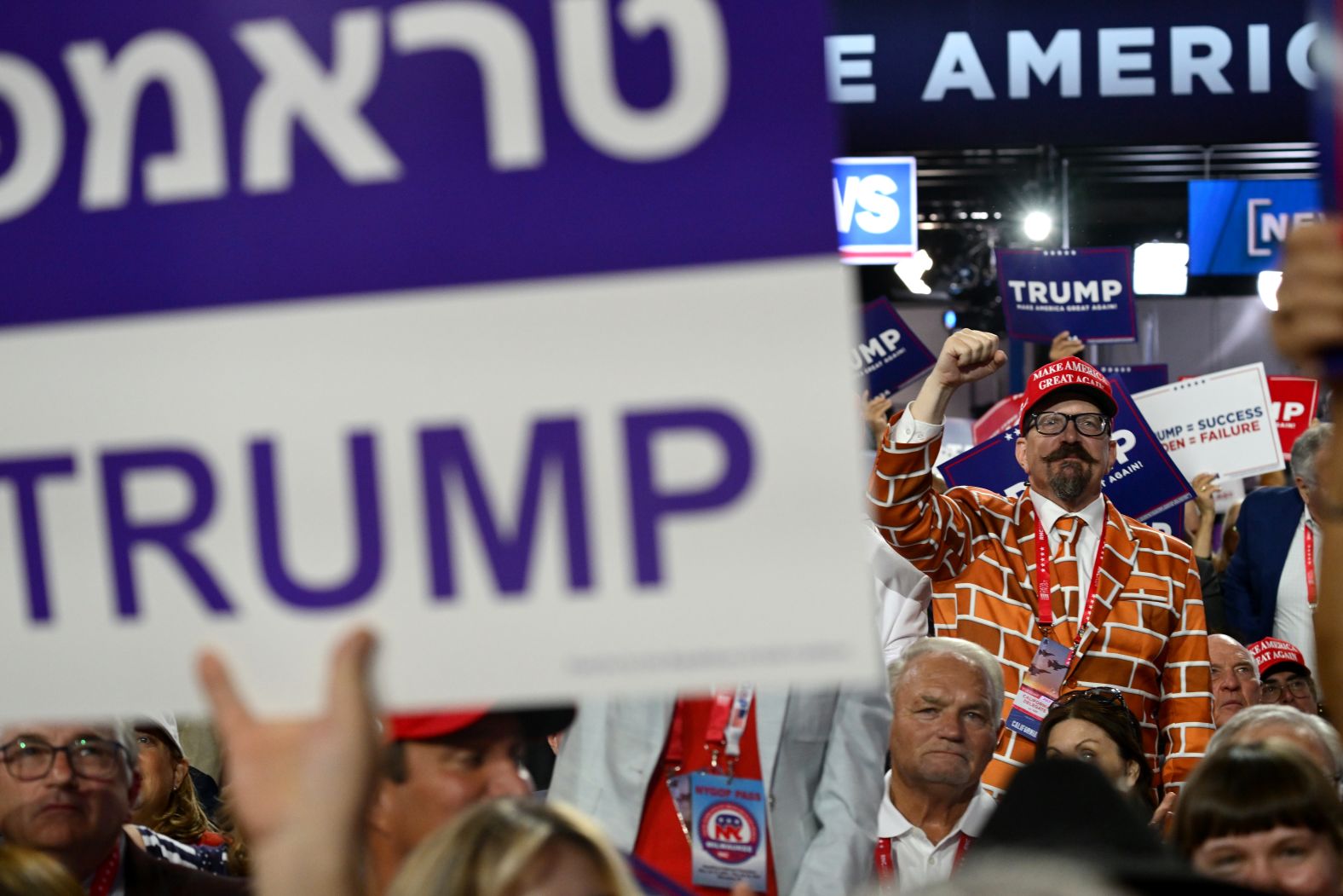 Trump supporter Blake Marnell, wearing a brick wall suit, shows his support on Tuesday.