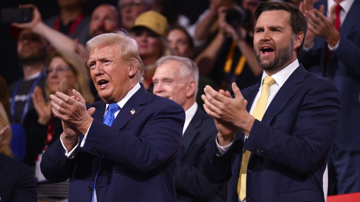 Former US President Donald Trump and running mate Senator JD Vance attend the Republican National Convention in Milwaukee, Wisconsin on July 17, 2024