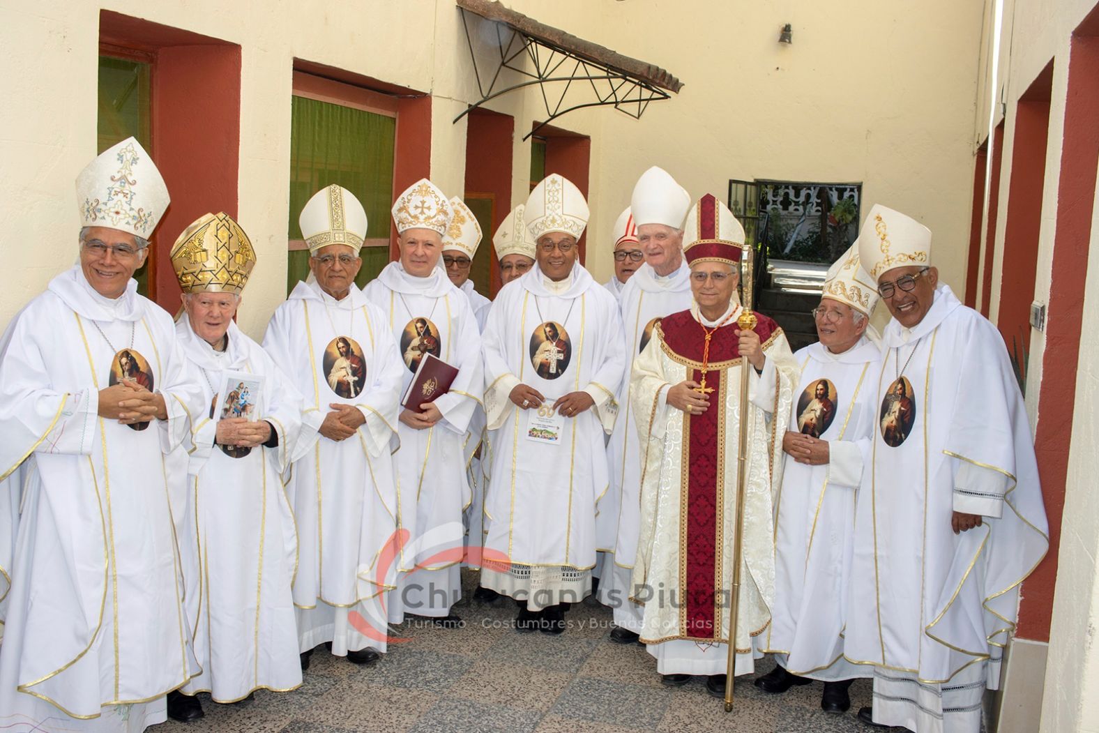 Leo, third from right, poses with members of the clergy in Chulucanas, Peru, in 2024.