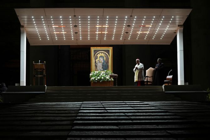Leo leads the recitation of the Holy Rosary for Pope Francis' health during Francis' extended stay in the hospital in March 2025.
