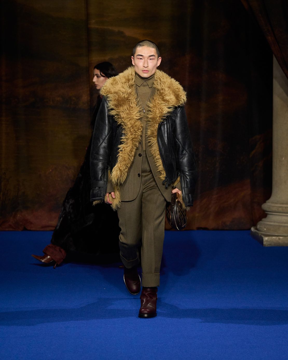 The show also featured shearling-lined jackets layered over smart suiting, some of which were velvet brocade.