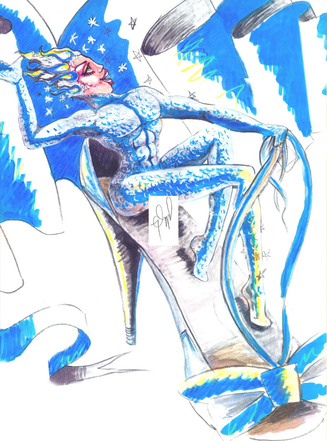 Tim Chappel's original sketch for Felicia Jollygoodfellow's bustop opera costume ended up as the exaggerated silver look that became legendary.