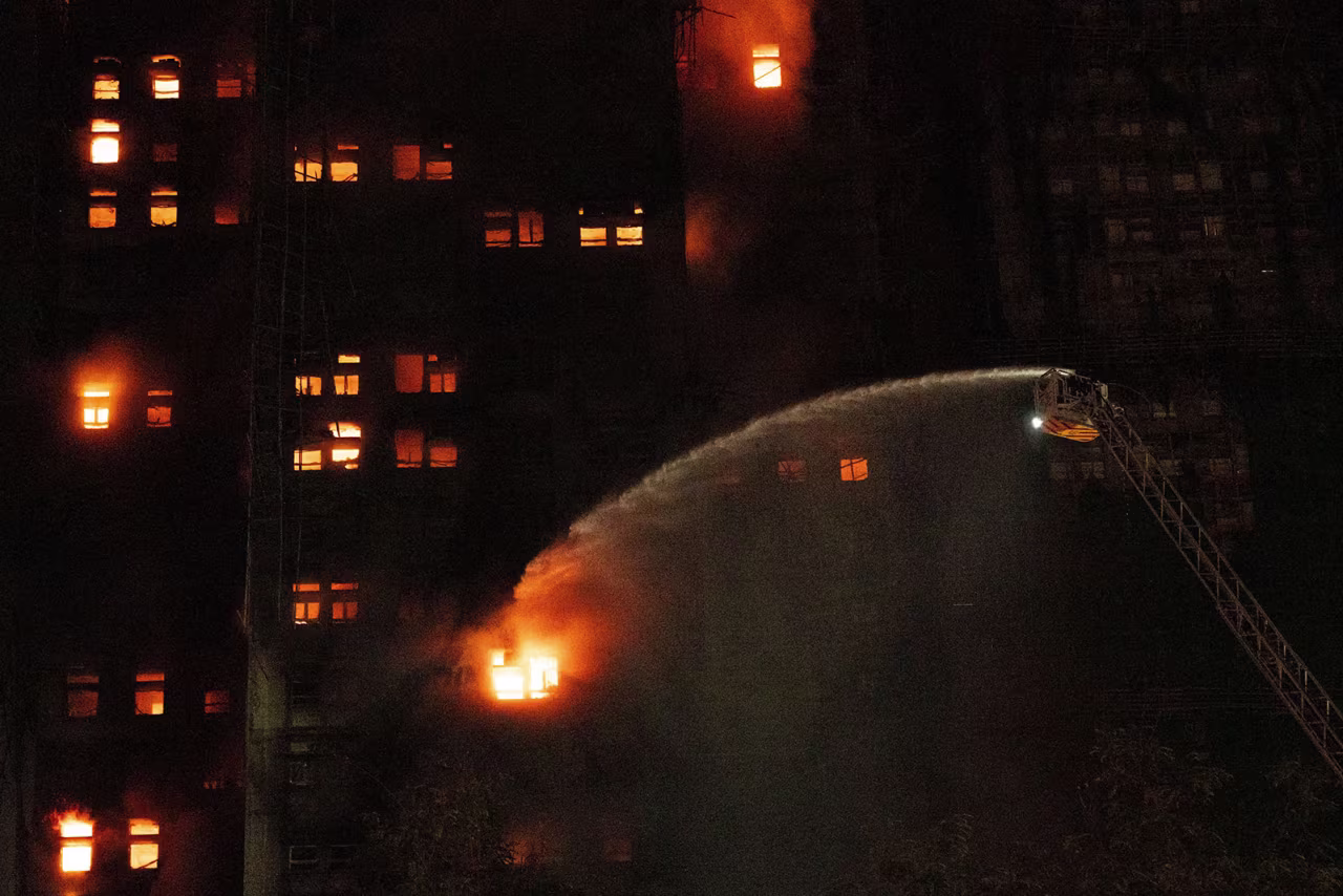 Flames engulf structures at Wang Fuk Court housing complex in Tai Po, Hong Kong, on Wednesday.