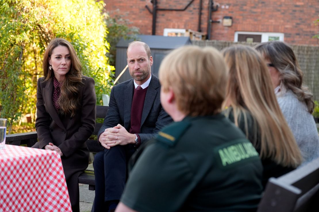 The Prince and Princess of Wales speak to frontline emergency responders at Southport Community Centre on Thursday. 