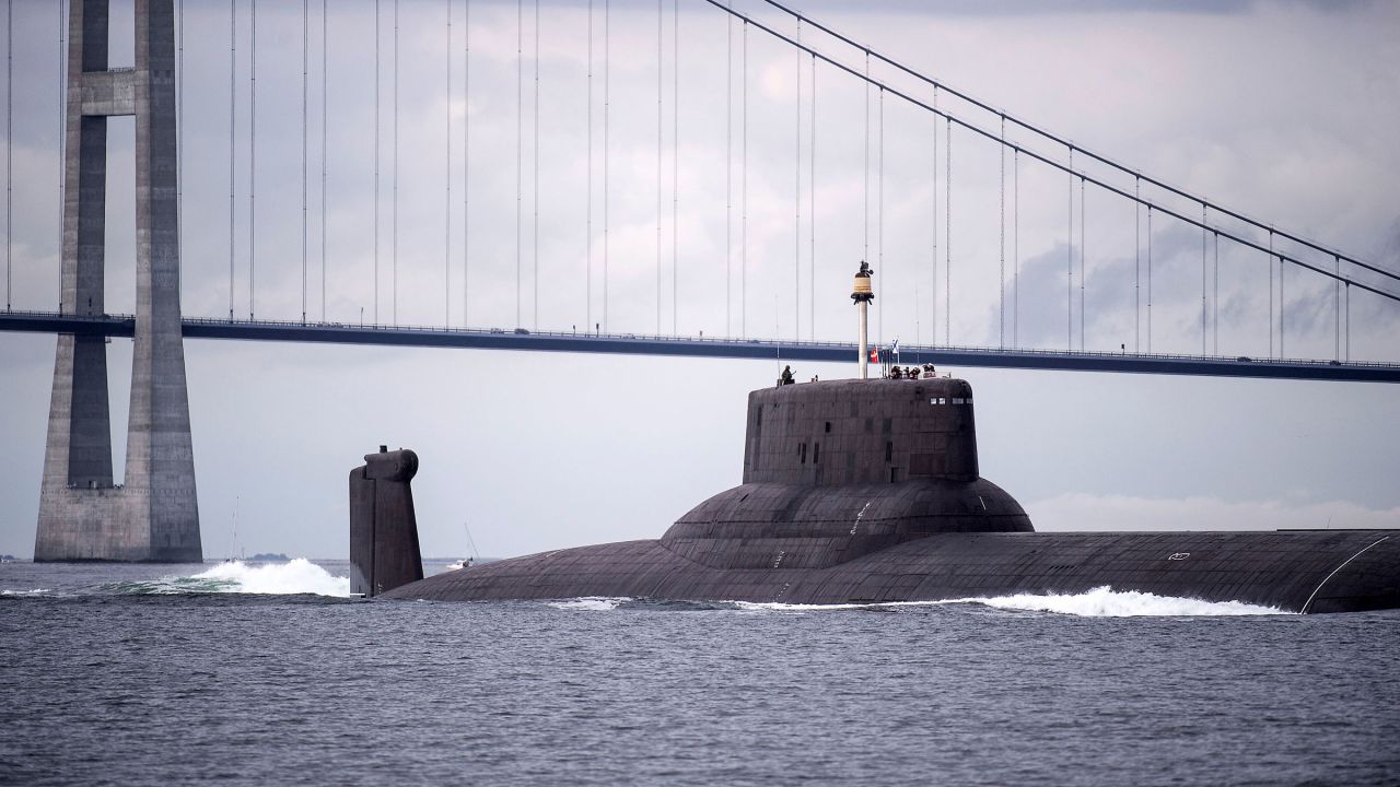 This 2017 photo shows a Russian Navy nuclear ballistic missile submarine in the Baltic Sea near Denmark. 