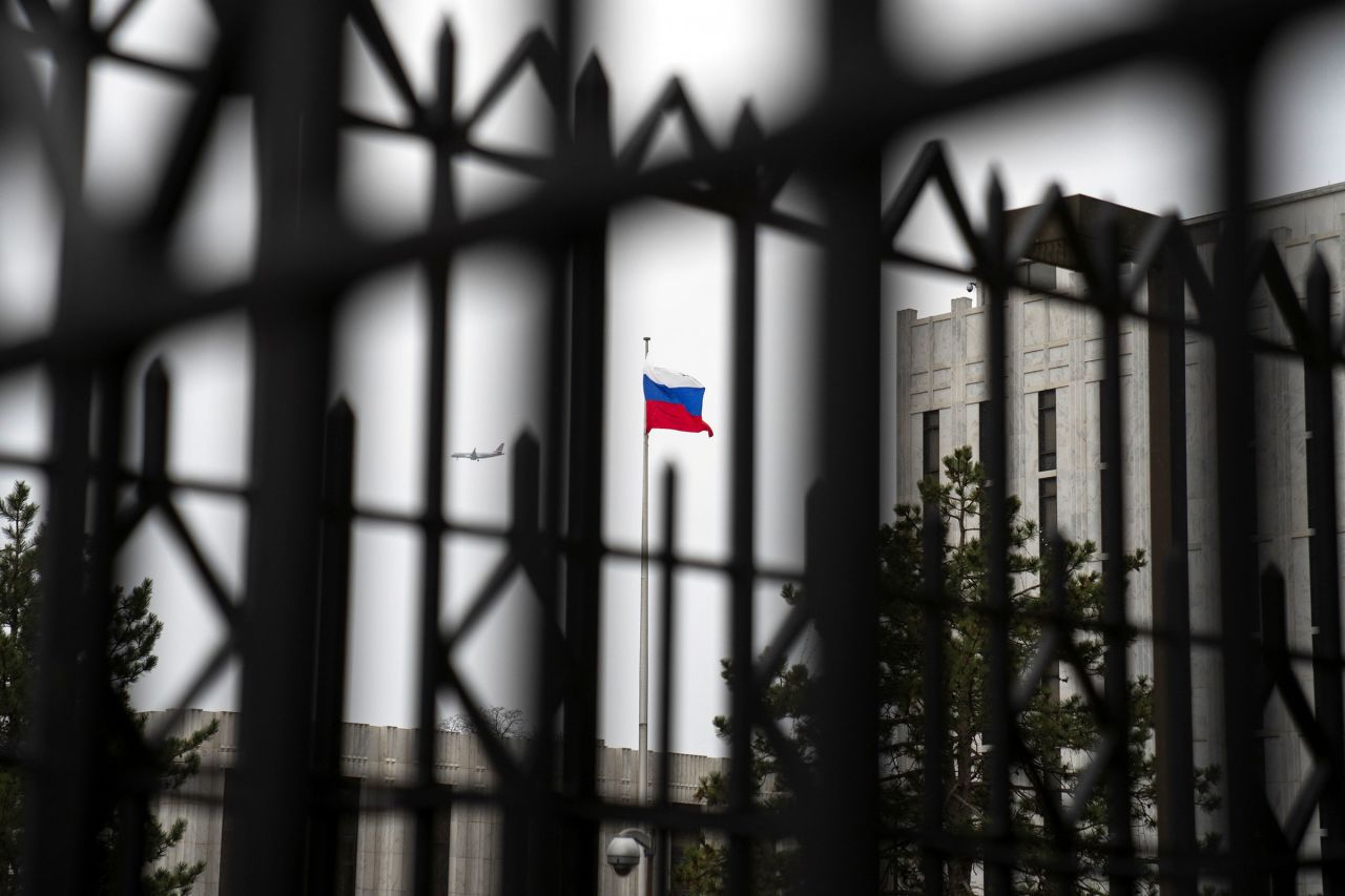 The Russian flag flies above the Embassy of the Russian Federation in Washington, DC, in February 2022.