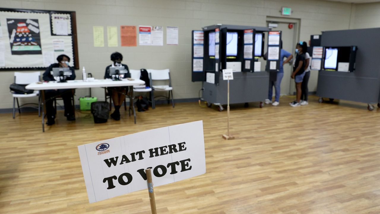 A polling station is pictured during the primary elections in Atlanta in May 2022. 