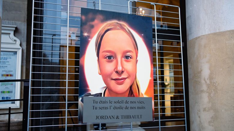 Poster showing a drawn portrait of murdered schoolgirl Lola Daviet during a march on November 16, 2022, in Paris, France.