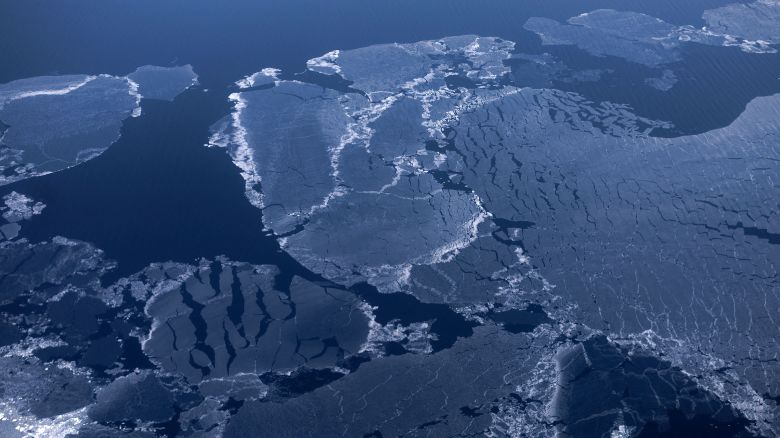A general view of sea ice in the arctic ocean close the coast of Svalbard, Norway, in April 2023.