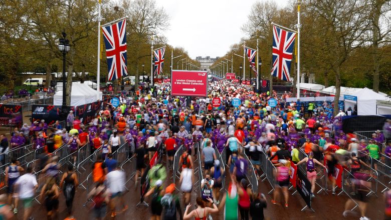 Runners at the finish line during the London Marathon in April 2023. 