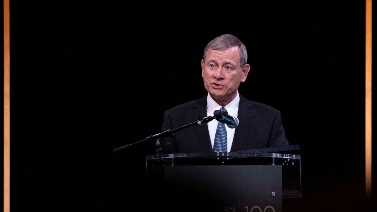 Supreme Court Chief Justice John Roberts delivers remarks at The American Law Institute's 2023 Annual Dinner at the National Building Museum in Washington, DC, on May 23, 2023.
