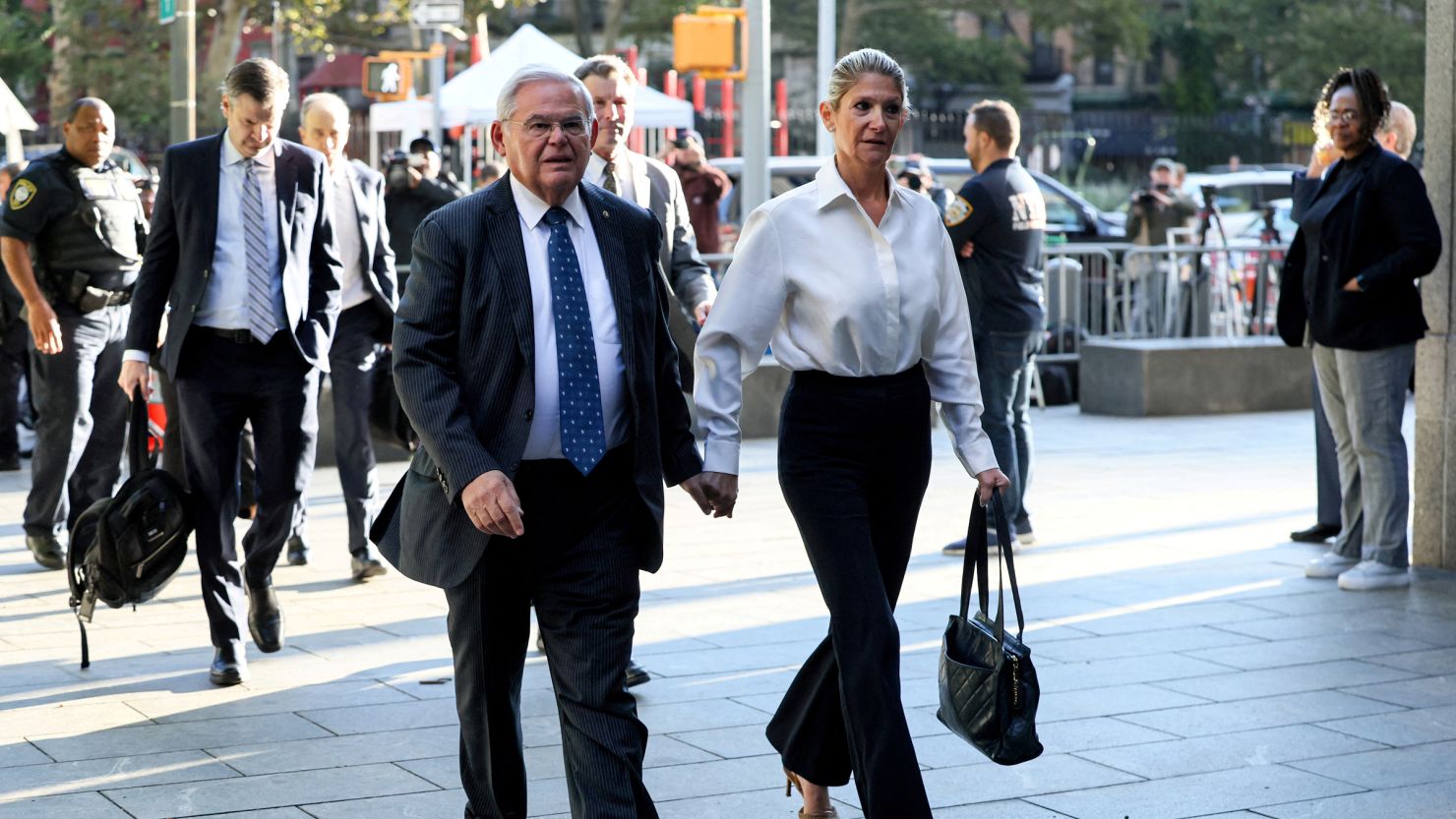 Sen. Bob Menendez and his wife Nadine Menendez arrive at Federal Court for a hearing on bribery charges in connection with an alleged corrupt relationship with three New Jersey businessmen, in New York City, on September 27, 2023. 