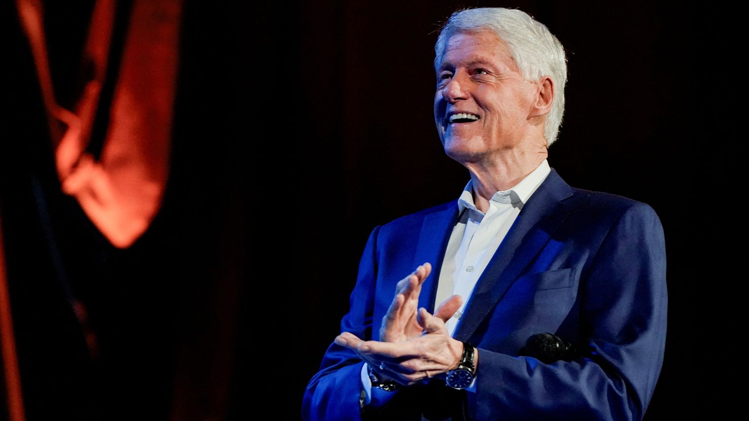 Former President Bill Clinton participates in a discussion moderated by Stephen Colbert, host of CBS's "The Late Show with Stephen Colbert," during a campaign fundraising event at Radio City Music Hall in New York, on March 28.