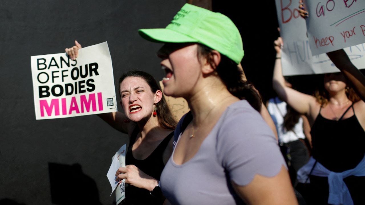 In this June 2022 photo, abortion rights proponents demonstrate following The US Supreme Court ruling in Dobbs v. Jackson Women's Health Organization in Miami. 