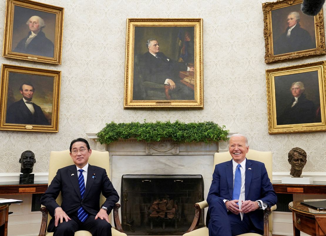 President Joe Biden hosts Japanese Prime Minister Fumio Kishida for a state visit, during a meeting at the Oval Office at the White House in Washington, DC, on April 10.