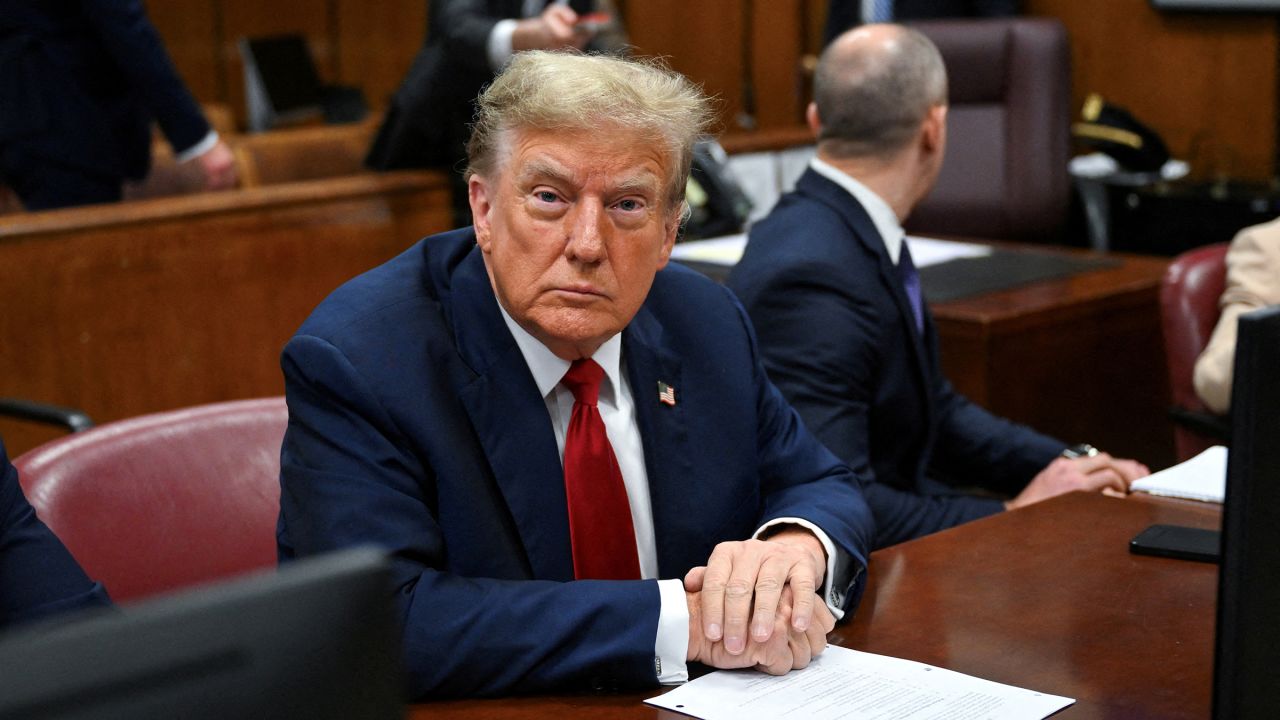Former President Donald Trump attends the first day of his trial for allegedly covering up hush money payments linked to extramarital affairs, at Manhattan Criminal Court in New York City, on April 15.