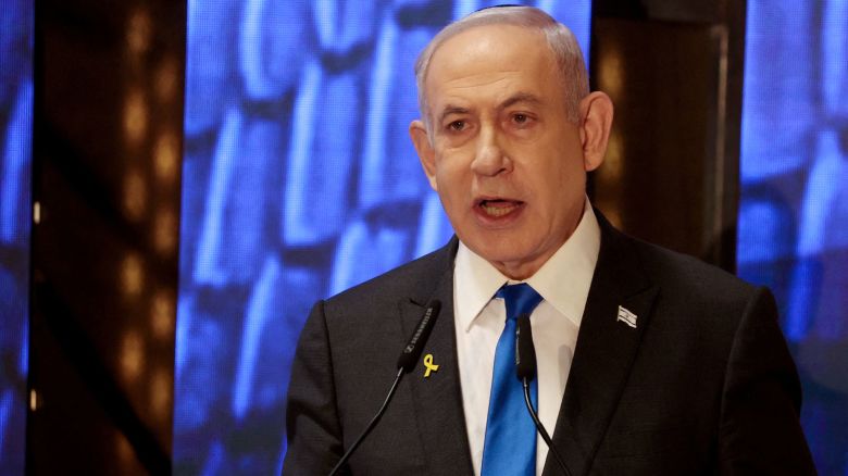 Israeli Prime Minister Benjamin Netanyahu speaks during a ceremony marking Memorial Day for fallen soldiers of Israel's wars and victims of attacks at Jerusalem's Mount Herzl military cemetery on May 13. 